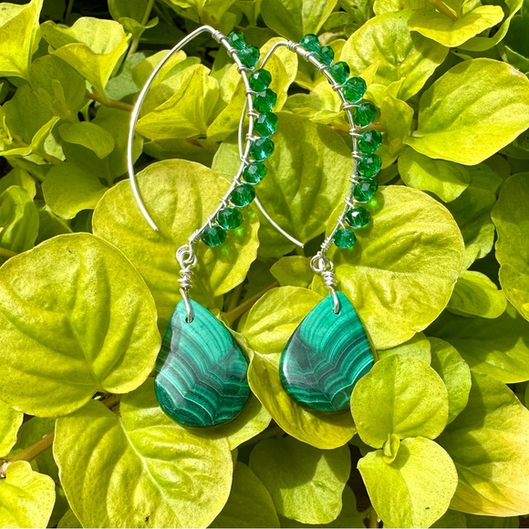 Malachite Earrings, Emerald Crystal, Sterling Silver, Handmade by Prairie Ice - Picture 9 of 10